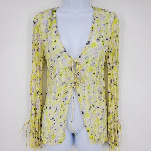 NWT H&M Yellow Floral Print Tie Front Trumpet Sleeve Sheer Fairy Top Shirt Small - Picture 1 of 10